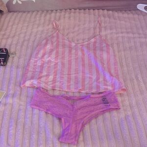Victoria's Secret Pink Striped Camisole and Purple Lace Panty Set